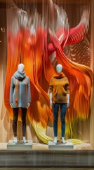 Two mannequins in casual clothes stand in a store window backdrop of orange and yellow fabric drapery arranged in flowing waves