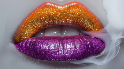 Close-up of vibrant multicolored lips with smoke effect