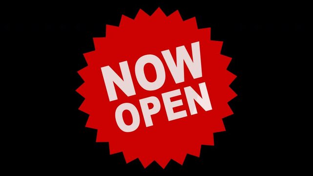 Animation of the appearance of a label with the wording "Now Open" in the shape of a red round star on green screen and alpha channel in flat style