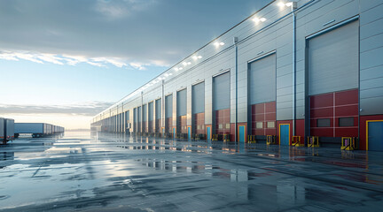 Loading Docks for Trucks at Long Distribution Warehouse, landscape. Generative AI.
