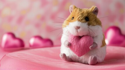 A small stuffed animal holding a heart shaped object on pink background, AI