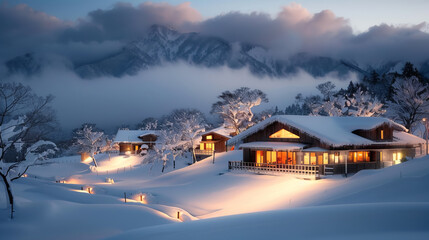 Fototapeta premium Scenic winter landscape with cozy cabins nestled in snow-covered mountains, illuminated by warm lights during twilight.