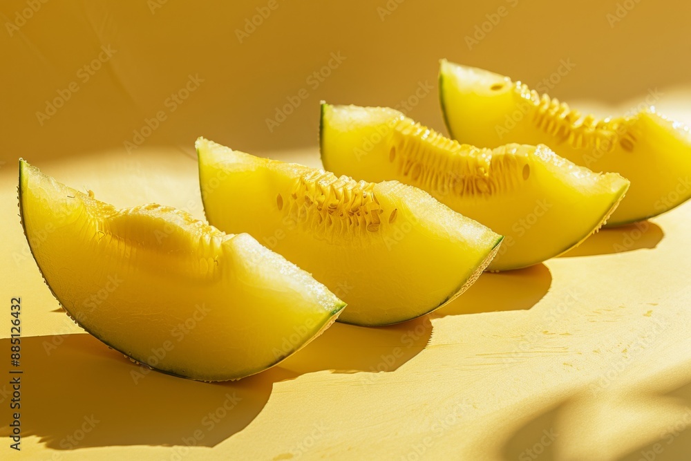Poster four slices of ripe, yellow melon are arranged in a row on a solid yellow background. the slices are