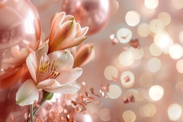 Fototapeta premium Freesia flowers, with their delicate petals, are surrounded by rose gold confetti and floating foil balloons in a soft, romantic setting