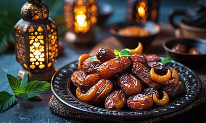 Fototapeta premium muslim ramadan iftar food arabic lantern rosary on white background dried dates fruit in crescent moon plate ramadan fasting