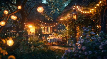 Obraz premium Cozy Outdoor Dinner Party With String Lights In A Beautiful Garden Under The Evening Sky