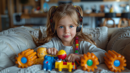 Fototapeta premium A little blue-eyed girl with long hair and black headphones is sitting in an armchair in a bright room and playing with colorful toys, photo