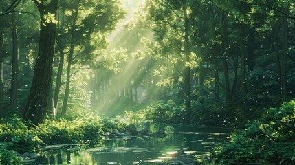 Anime style scenery with a tranquil forest, sunlight filtering through the trees and a gentle stream.