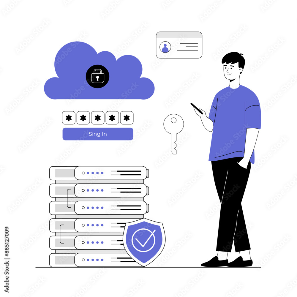 Poster cloud security, personal data protection, online services concept. privacy access with password. use