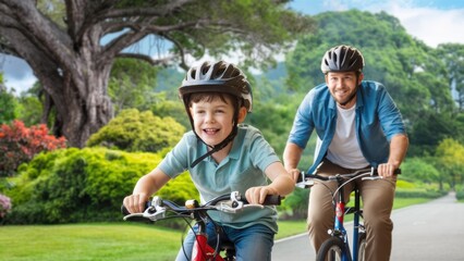 Obraz premium A man and boy riding bikes on a road together, AI