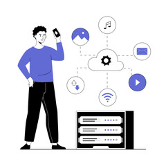Cloud computing and cloud storage. Data infrastructure service, database security. Man organize information on server.  Vector illustration with line people for web design.
