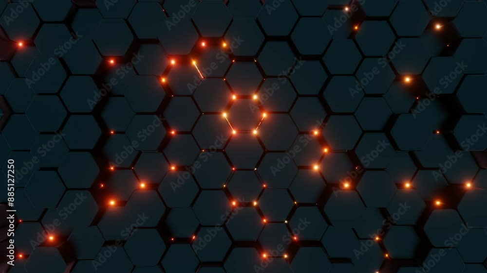 Poster Futuristic Hexagonal Pattern with Red Illuminated Lines

