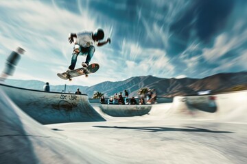 A skateboarder performs a trick in a skate park, captured mid-air with blurred motion. The skateboarder is wearing a helmet and is dressed in casual clothing