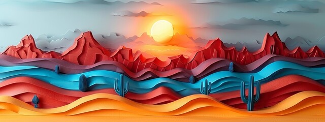 Obraz premium Paper art work Desert scene with paper dunes under a bright sun.