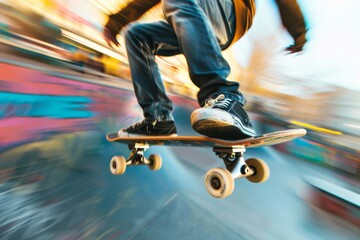 A skateboarder performs a trick in a skate park, mid-air, with blurred motion for a dynamic effect