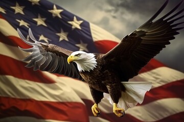 Naklejka premium American Bald Eagle flying on US flag background. National emblem of the United States. America veterans day or Independance day symbol