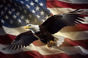 Naklejka premium American Bald Eagle flying on US flag background. National emblem of the United States. America veterans day or Independance day symbol
