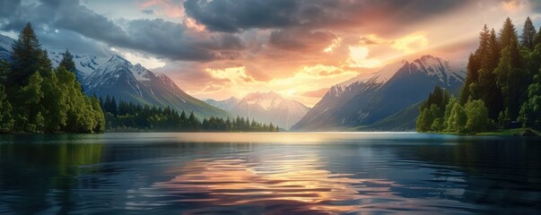 Dramatic Sunset Over Majestic Norwegian Fjords, Dark Clouds Enhance the Dramatic Landscape, Reflection on Calm Waters, Breathtaking Scenery, Tranquility, Nature's Beauty, Peaceful Atmosphere