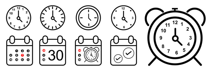 Time, date and address concept editable stroke outline icons set isolated on white background flat vector illustration. Pixel perfect. calendar