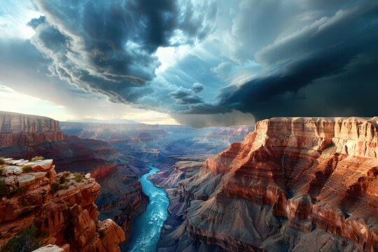 Dramatic Canyon Landscape with Storm Clouds A Journey Through Arizona's Grand Canyon, Where Rugged Terrain Meets Powerful Weather