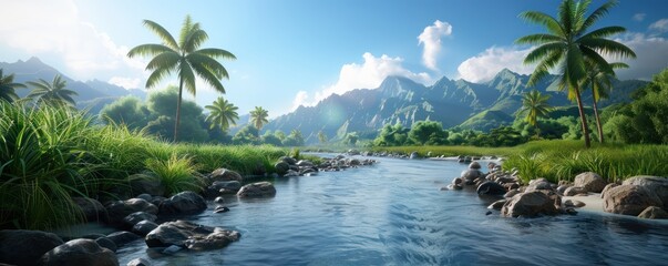Serene Tropical Paradise A Tranquil Stream Meanders Through Lush Foliage and Majestic Mountains, Capturing the Essence of Human Resilience Against Natural Forces