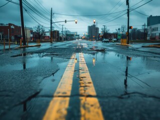 Obraz premium Stormy Skies Over City Street, Dramatic Contrast of Nature and Infrastructure, Moody Urban Landscape Photography, Rain-Soaked Asphalt and Puddles Reflecting Streetlights, Concrete Jungle Under a