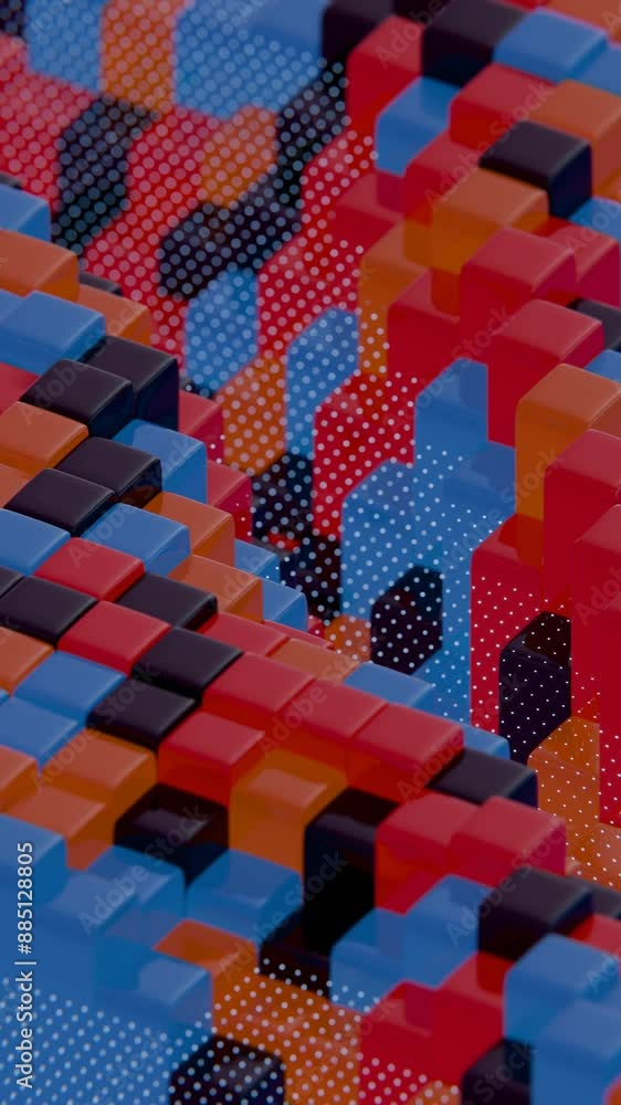 Poster floating multicolored transparent and opaque cubes on black background