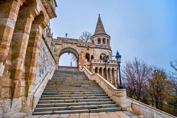 The stone staircase of Fisherman's Bastion, Budapest, Hungary.