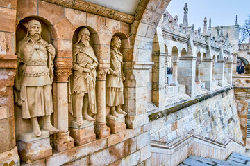 Statues of the medieval warriors, Fisherman's Bastion in Budapest, Hungary