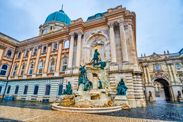 Matthias Fountain, the popular attraction  on the wall of Buda Palace in Budapest, Hungary
