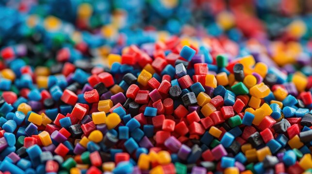 Colorful multi-colored plastic pellets and plastic sheets