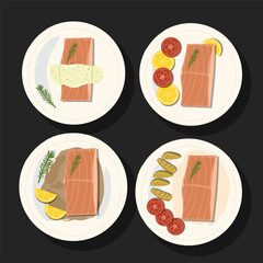 Set of vector illustration food icons of Grilled salmon fillet fish on plate