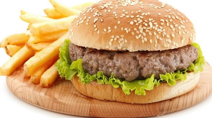 A Classic Cheeseburger With Golden Fries on a Wooden Cutting Board