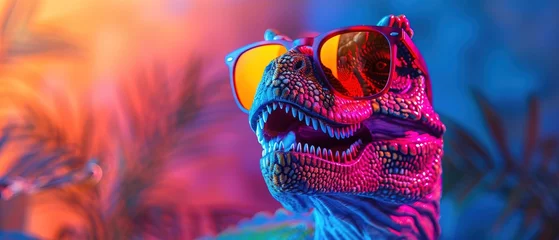 Fototapeten Funny dinosaurus wearing sunglasses in studio with a colorful and bright background  © Zahfran