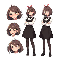 set illustration of an anime girl with different expressions on transparency background