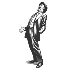 Fototapeta premium ecstatic man in a suit and hat, leaning back with open arms and a wide smile, celebrating sketch engraving generative ai fictional character raster illustration. Black and white image.