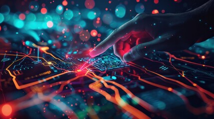 A hand points at the screen with an abstract background of glowing lines and colorful icons representing a global network, social media connection or eFrame concept