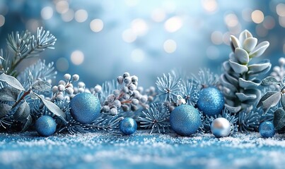 silver,blue christmas decoration on light blue background modern christmas card