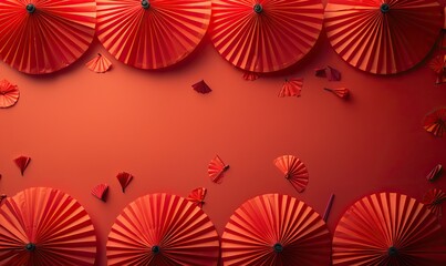 chinese new year celebration concept banner,red paper fans decorations on red background,copy space