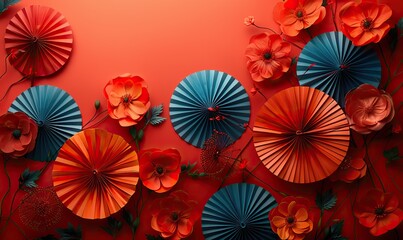 Obraz premium chinese new year celebration concept banner,red paper fans decorations on red background,copy space
