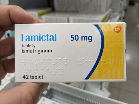 Prague, Czech Republic - July 10 2024: LAMICTAL box of medication with LAMOTRIGINE active substance by GLAXOSMITHKLINE, used for treatment of epilepsy and bipolar disorder.

