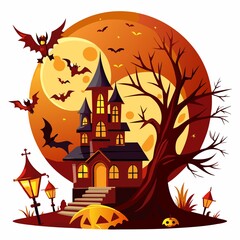 Halloween background. A tall witch house with a withered tree and bats on the background of a large moon illuminated