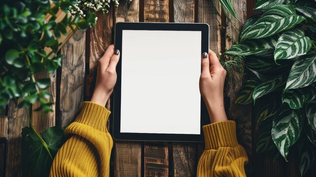 Close-up of a woman's hands using a digital tablet with blank screen