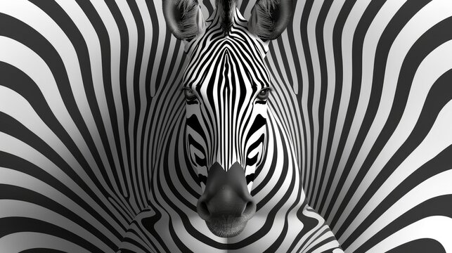 Zebra -black and white background with an optical illusion of zebra stripes, hyperdetailed, hyperrealistic, symmetrical composition
