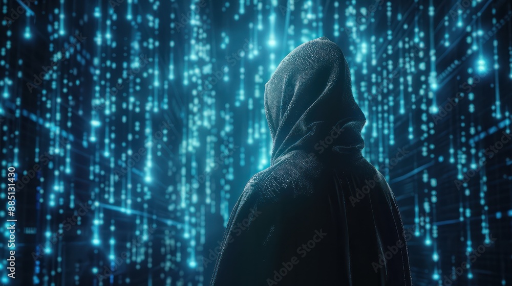 Fototapete back view of unrecognizable mysterious hacker in hoodie overlooking digital data streams on dark blu