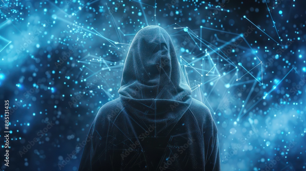 Fototapete back view of unrecognizable mysterious hacker in hoodie overlooking digital data streams on dark blu