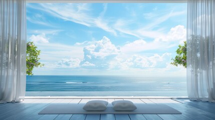 Fototapeta premium Beautiful and clean virtual background or backdrop for yoga, zen, meditation room space with serene and calm natural organic scenic outside ocean sea view