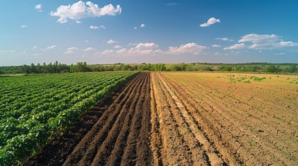 Drought destroys cultivated plants. Rows of dry trees on the dry land in summer