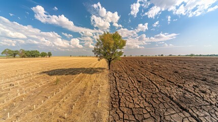 Drought destroys cultivated plants. Rows of dry trees on the dry land in summer