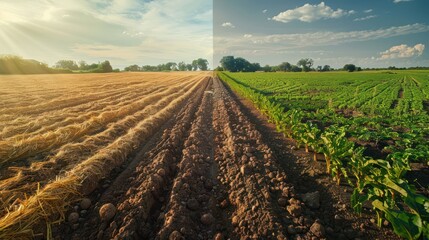 Drought destroys cultivated plants. Rows of dry trees on the dry land in summer